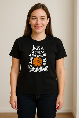 Just a Girl Who Loves Basketball T-Shirt, Heart and Flower Graphic for Players and Fans