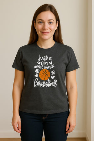Just a Girl Who Loves Basketball T-Shirt, Heart and Flower Graphic for Players and Fans