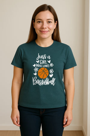 Just a Girl Who Loves Basketball T-Shirt, Heart and Flower Graphic for Players and Fans