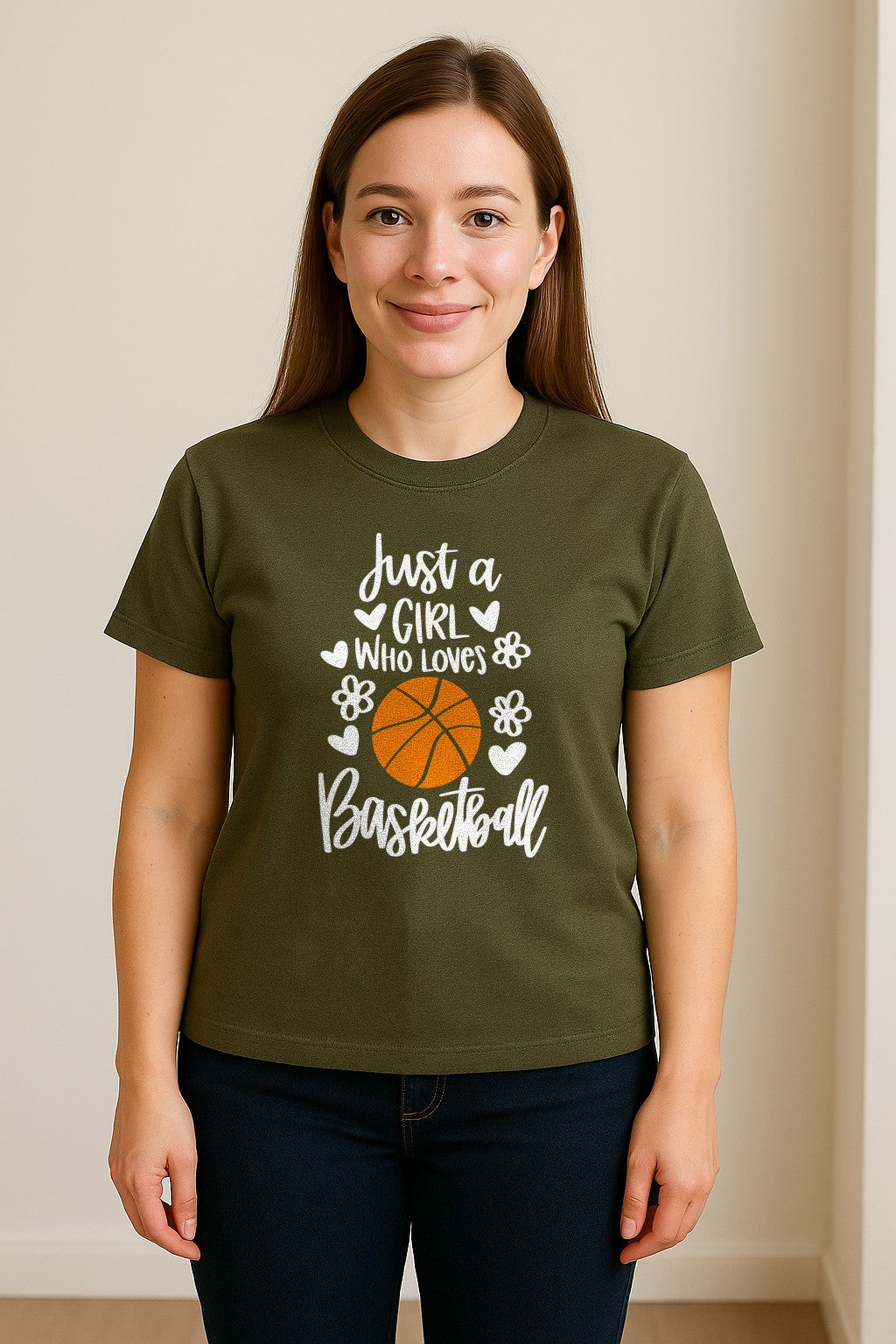 Just a Girl Who Loves Basketball T-Shirt, Heart and Flower Graphic for Players and Fans