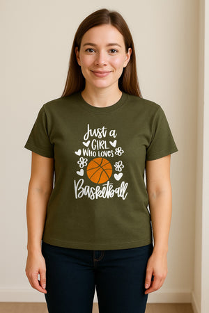 Just a Girl Who Loves Basketball T-Shirt, Heart and Flower Graphic for Players and Fans