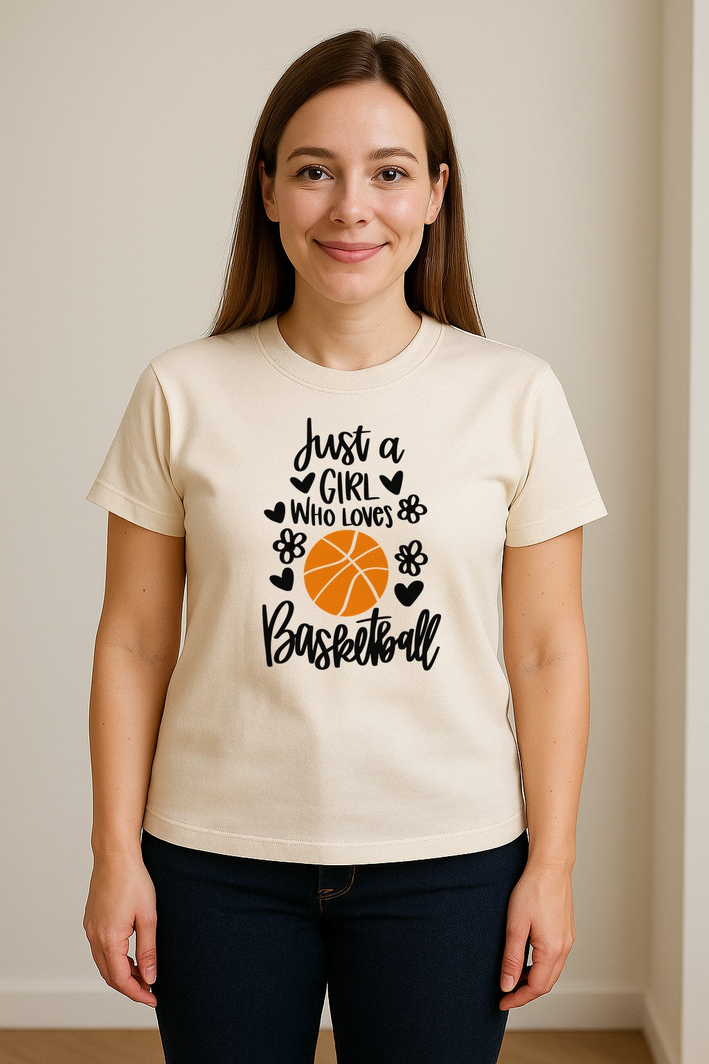Just a Girl Who Loves Basketball T-Shirt, Heart and Flower Graphic for Players and Fans