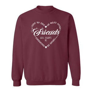 Friendship Sweatshirt, Miles Apart Friends Connected By Heart Script Quote Crewneck