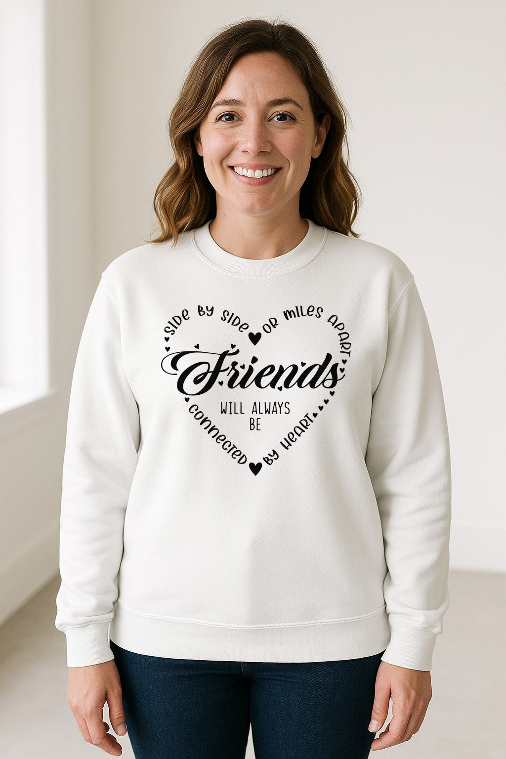 Friendship Sweatshirt, Miles Apart Friends Connected By Heart Script Quote Crewneck