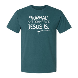 Normal Isn't Coming Back Jesus Is T-Shirt, Revelation 14 Christian Faith Scripture Design