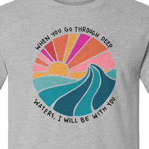 Christian T-Shirt, Deep Waters Faith Quote Wave and Sunset Design for Church