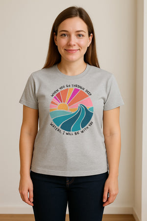 Christian T-Shirt, Deep Waters Faith Quote Wave and Sunset Design for Church