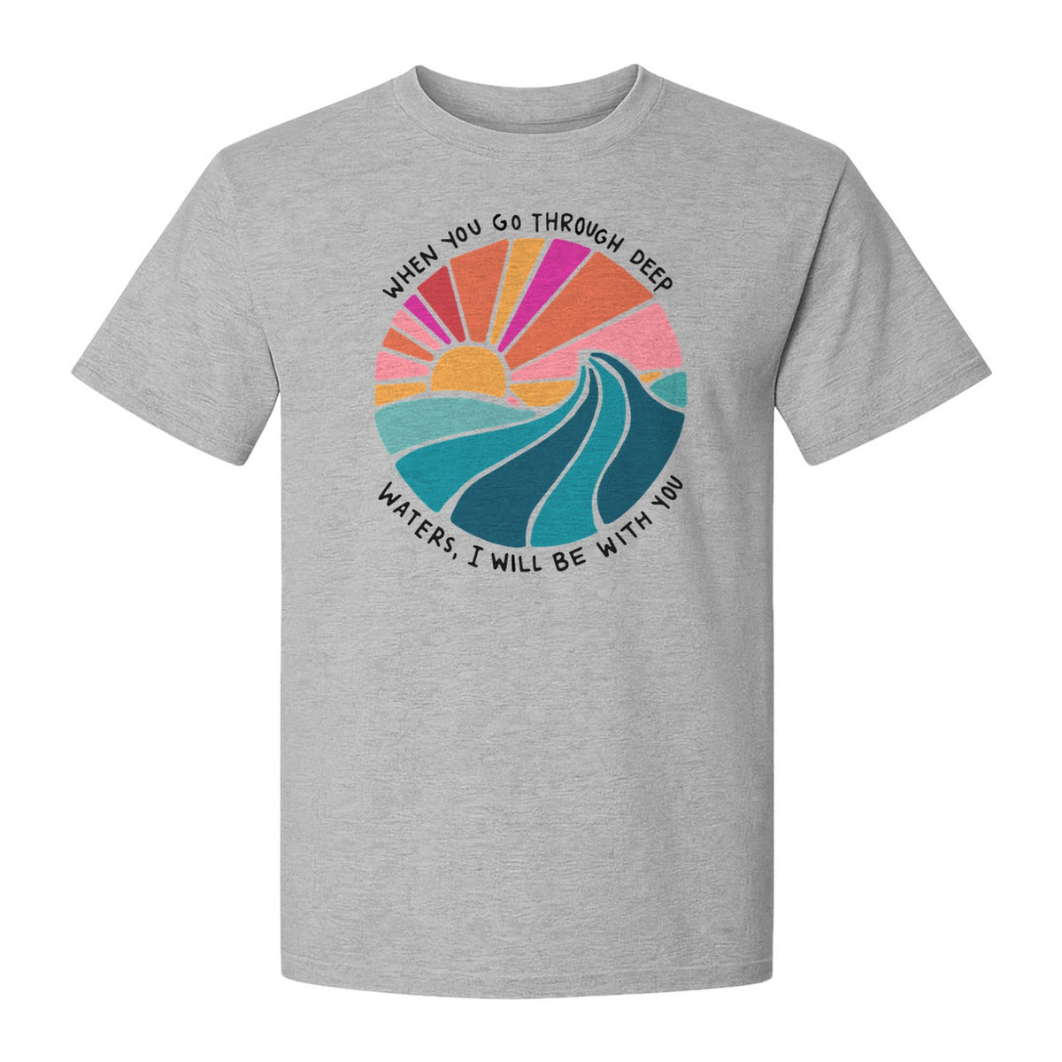 Christian T-Shirt, Deep Waters Faith Quote Wave and Sunset Design for Church