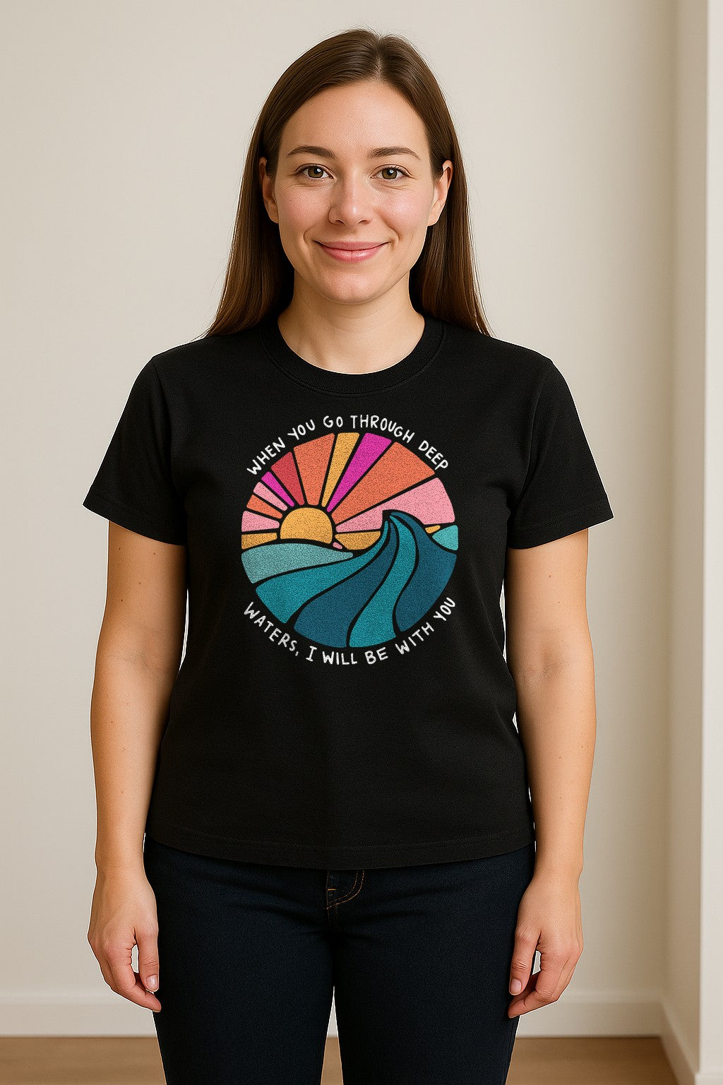Christian T-Shirt, Deep Waters Faith Quote Wave and Sunset Design for Church
