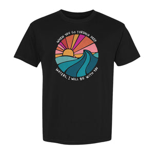 Christian T-Shirt, Deep Waters Faith Quote Wave and Sunset Design for Church