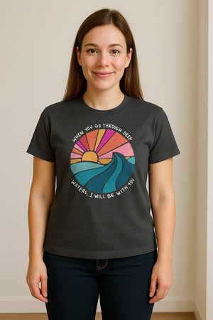Christian T-Shirt, Deep Waters Faith Quote Wave and Sunset Design for Church