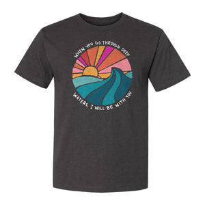 Christian T-Shirt, Deep Waters Faith Quote Wave and Sunset Design for Church