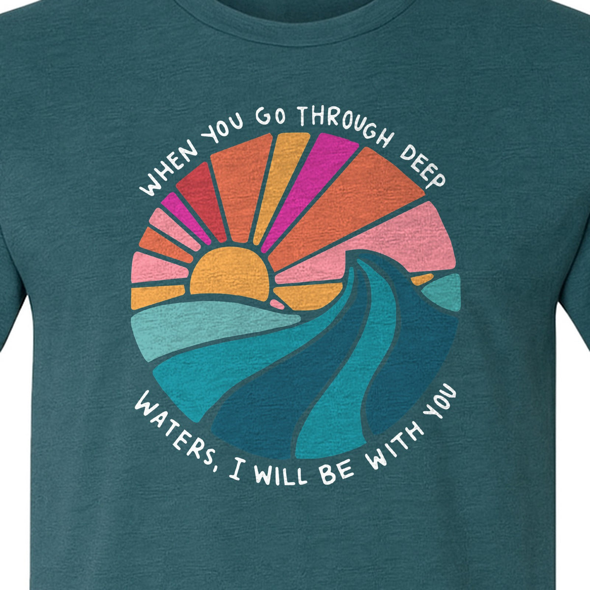 Christian T-Shirt, Deep Waters Faith Quote Wave and Sunset Design for Church
