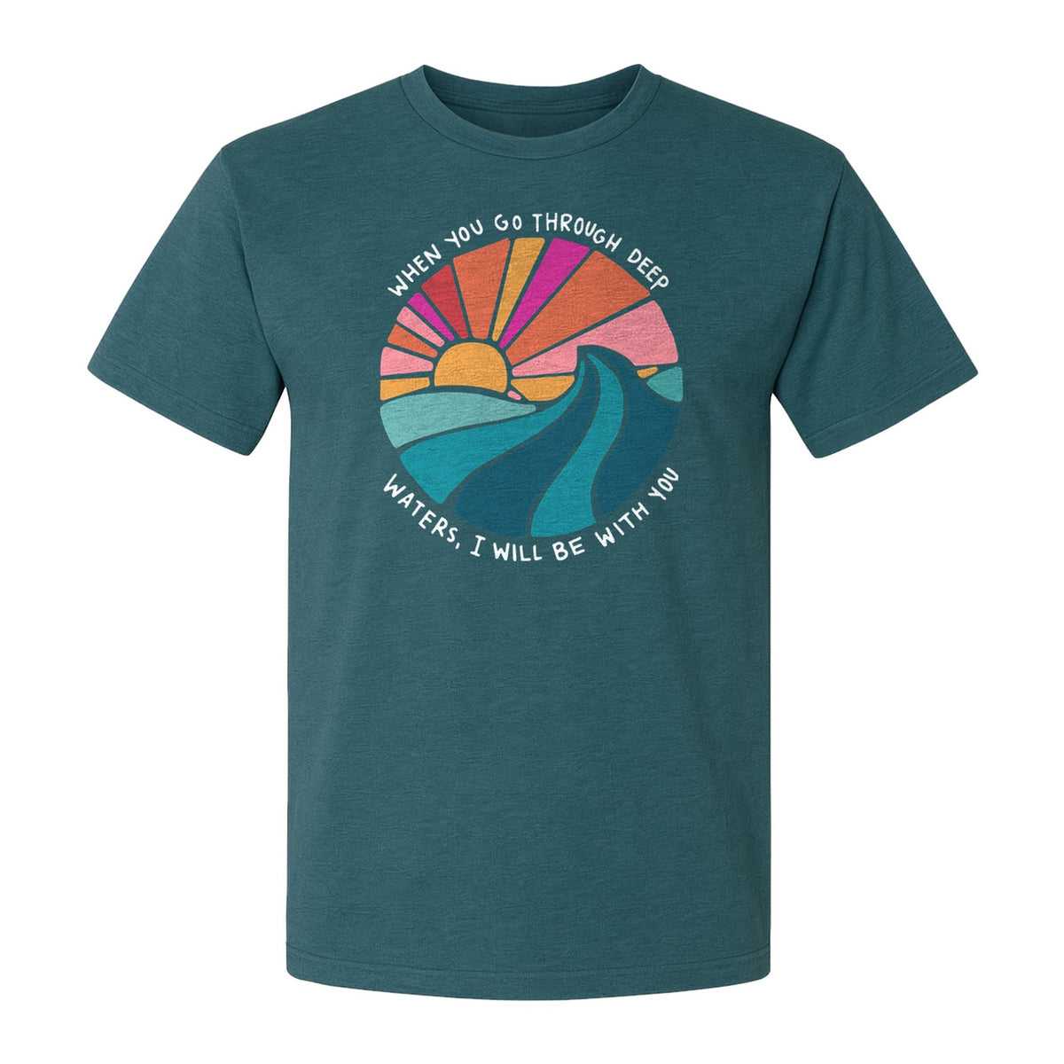 Christian T-Shirt, Deep Waters Faith Quote Wave and Sunset Design for Church