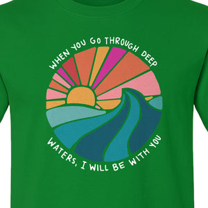 Christian T-Shirt, Deep Waters Faith Quote Wave and Sunset Design for Church