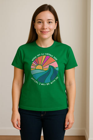 Christian T-Shirt, Deep Waters Faith Quote Wave and Sunset Design for Church