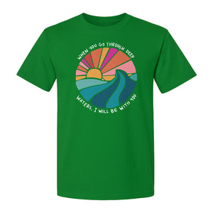 Christian T-Shirt, Deep Waters Faith Quote Wave and Sunset Design for Church