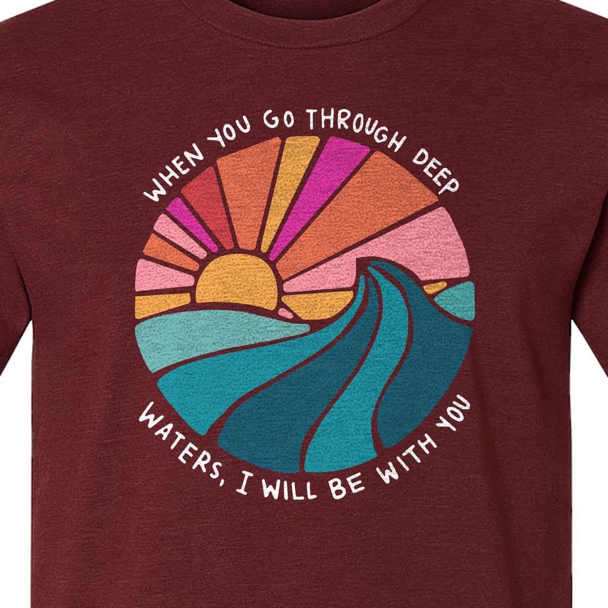 Christian T-Shirt, Deep Waters Faith Quote Wave and Sunset Design for Church