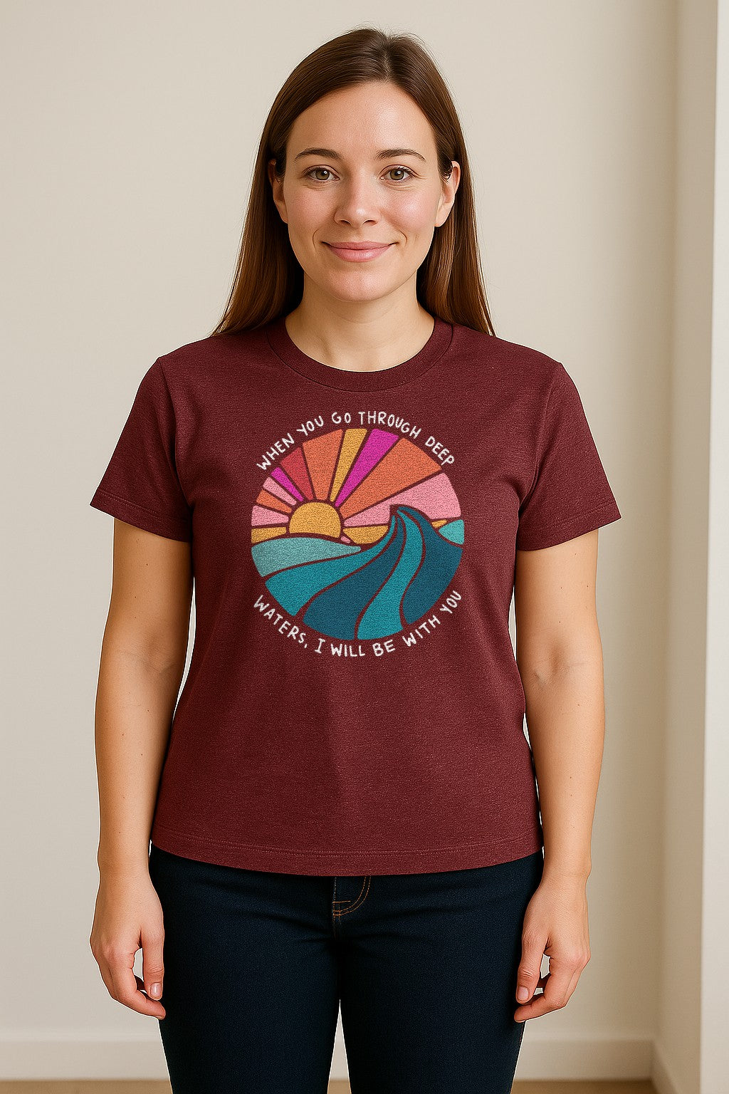 Christian T-Shirt, Deep Waters Faith Quote Wave and Sunset Design for Church