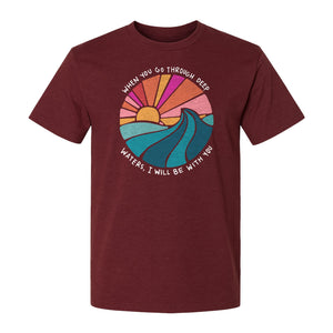 Christian T-Shirt, Deep Waters Faith Quote Wave and Sunset Design for Church