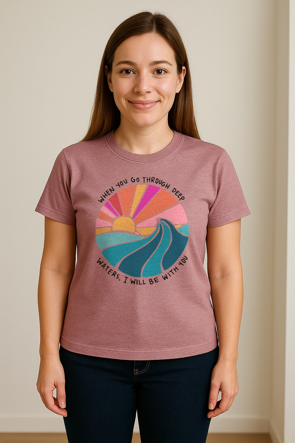 Christian T-Shirt, Deep Waters Faith Quote Wave and Sunset Design for Church