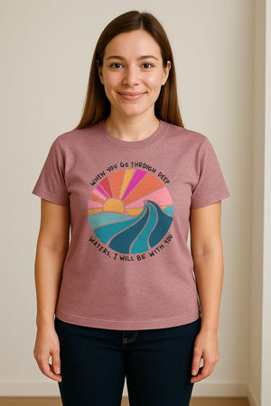 Christian T-Shirt, Deep Waters Faith Quote Wave and Sunset Design for Church
