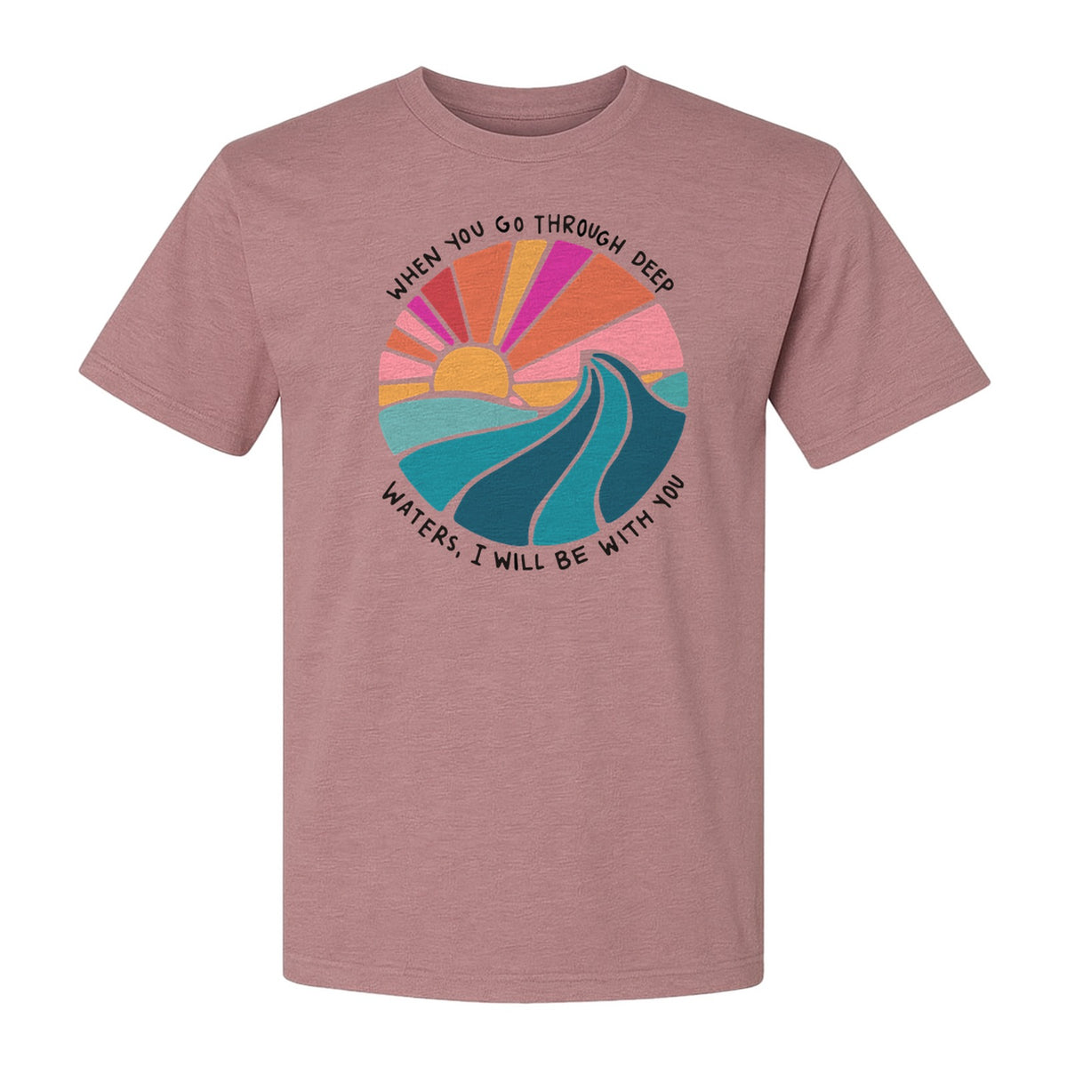 Christian T-Shirt, Deep Waters Faith Quote Wave and Sunset Design for Church