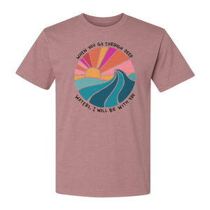 Christian T-Shirt, Deep Waters Faith Quote Wave and Sunset Design for Church