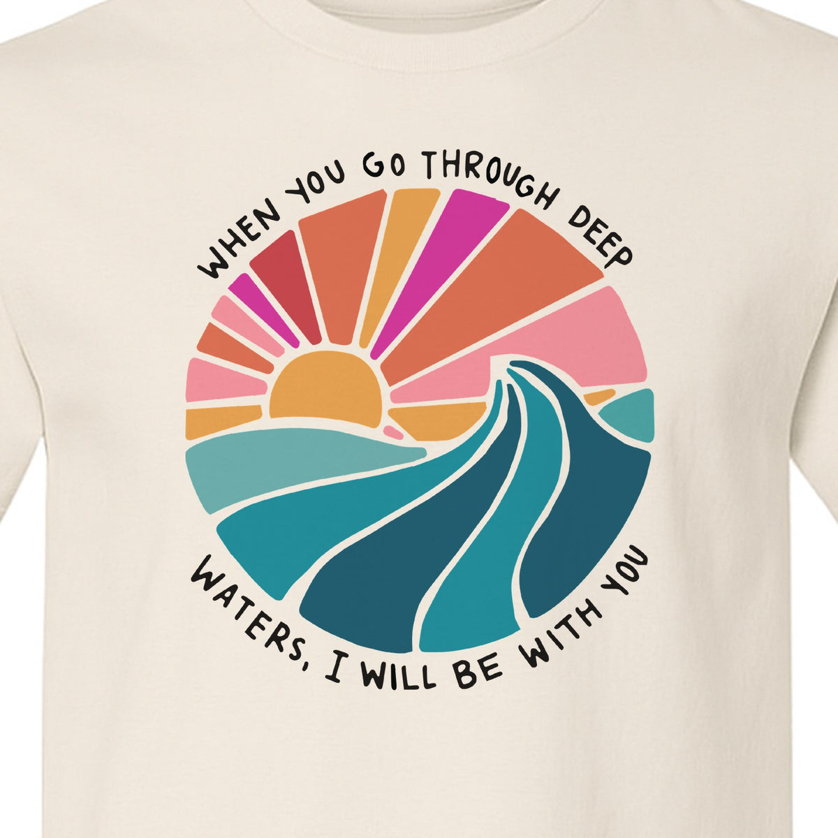 Christian T-Shirt, Deep Waters Faith Quote Wave and Sunset Design for Church