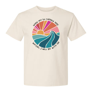 Christian T-Shirt, Deep Waters Faith Quote Wave and Sunset Design for Church