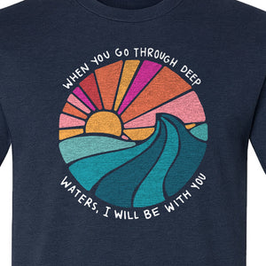 Christian T-Shirt, Deep Waters Faith Quote Wave and Sunset Design for Church