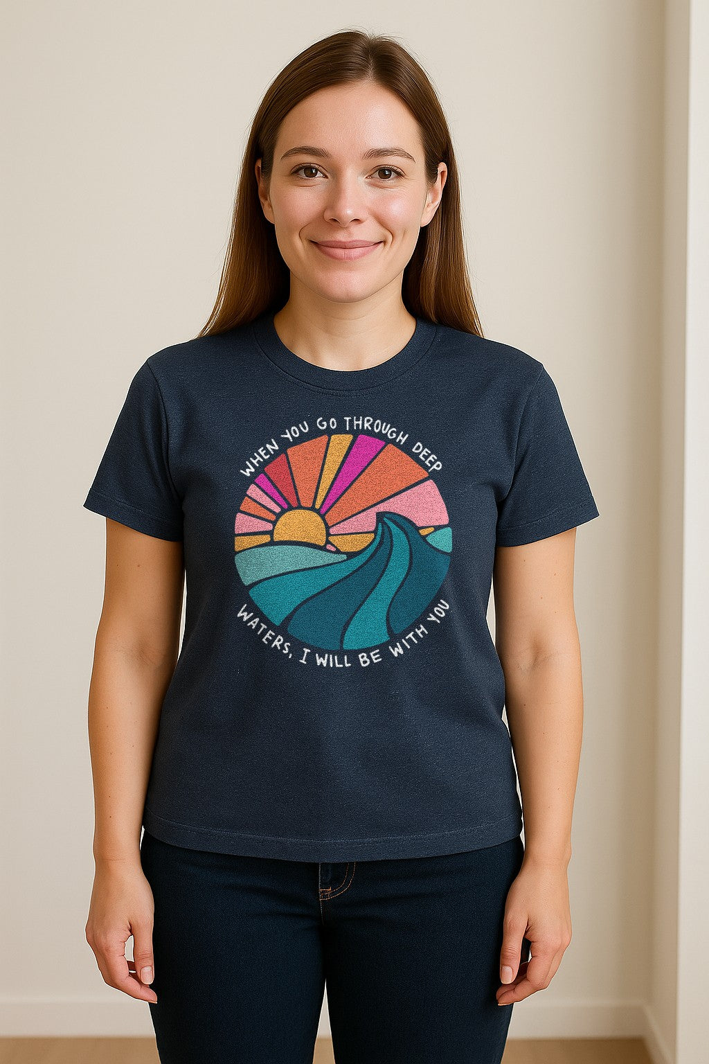 Christian T-Shirt, Deep Waters Faith Quote Wave and Sunset Design for Church