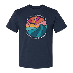 Christian T-Shirt, Deep Waters Faith Quote Wave and Sunset Design for Church