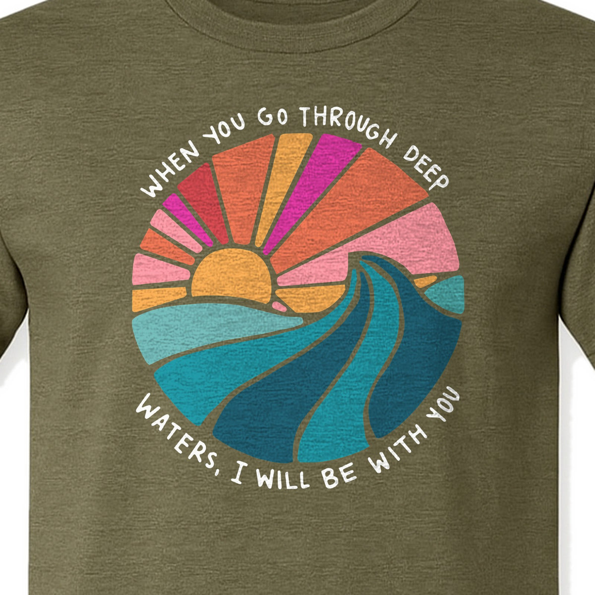 Christian T-Shirt, Deep Waters Faith Quote Wave and Sunset Design for Church