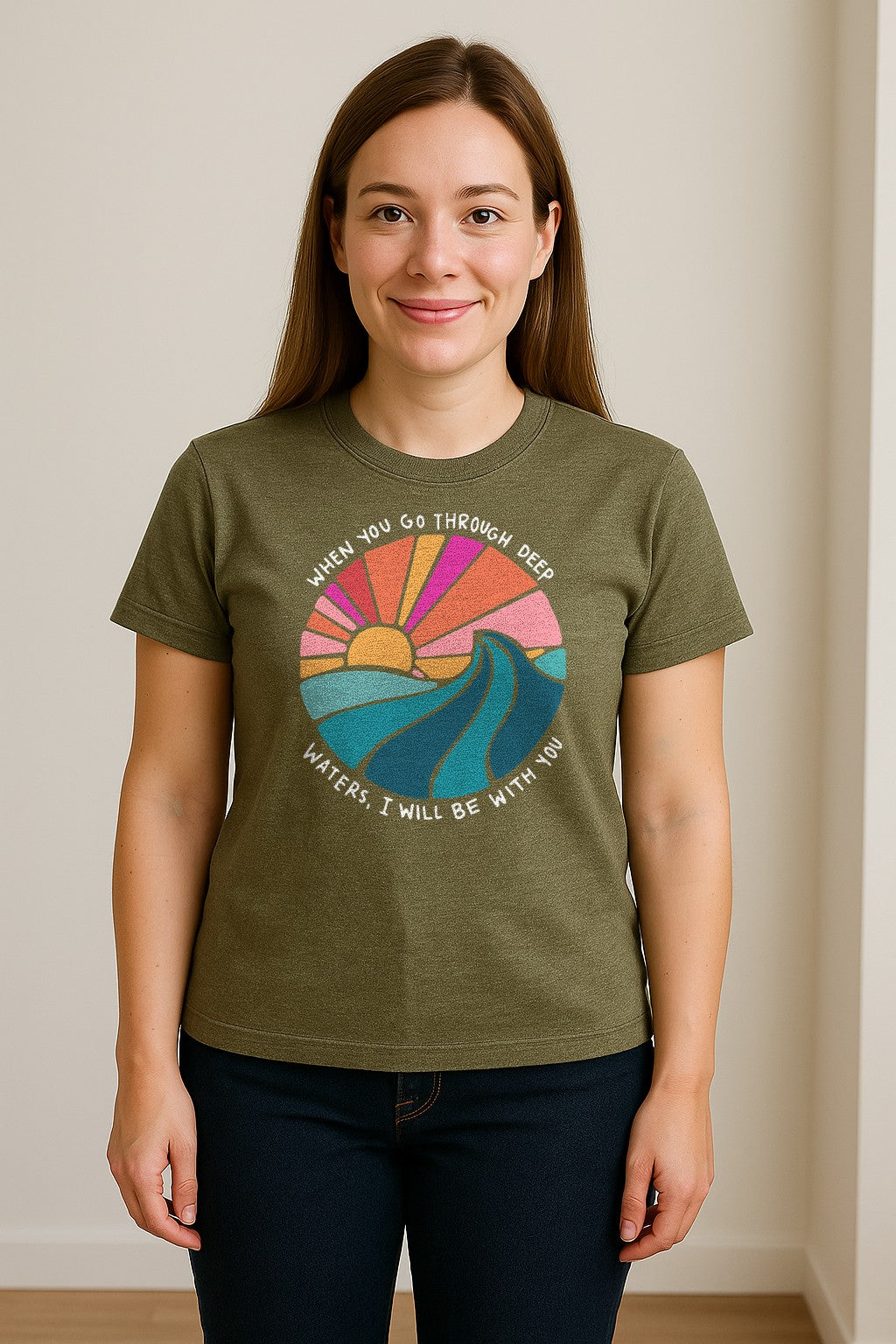 Christian T-Shirt, Deep Waters Faith Quote Wave and Sunset Design for Church