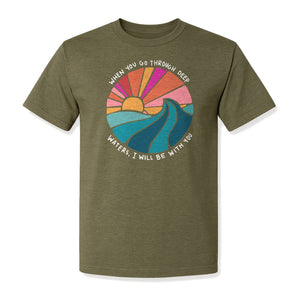 Christian T-Shirt, Deep Waters Faith Quote Wave and Sunset Design for Church