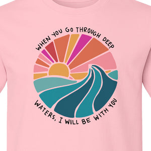 Christian T-Shirt, Deep Waters Faith Quote Wave and Sunset Design for Church