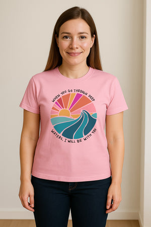 Christian T-Shirt, Deep Waters Faith Quote Wave and Sunset Design for Church