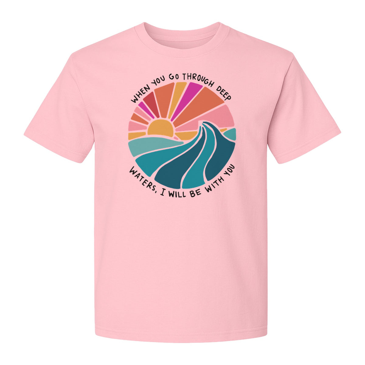 Christian T-Shirt, Deep Waters Faith Quote Wave and Sunset Design for Church