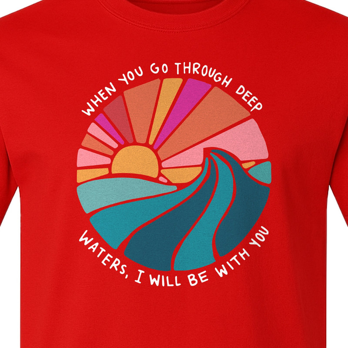 Christian T-Shirt, Deep Waters Faith Quote Wave and Sunset Design for Church