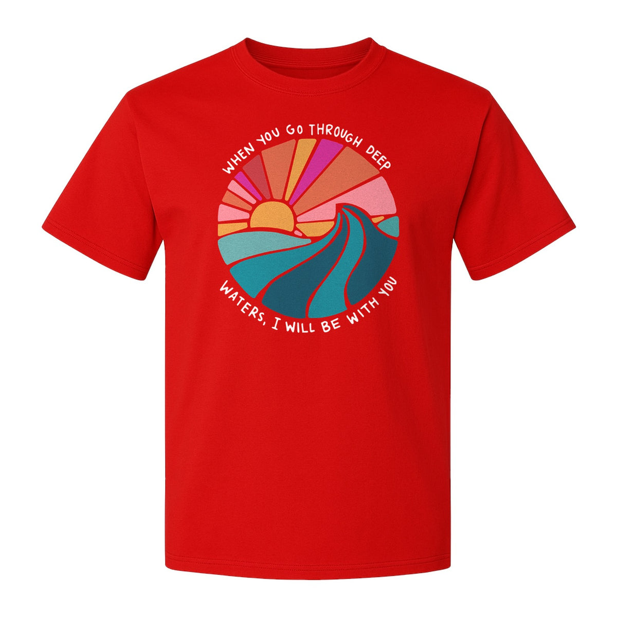 Christian T-Shirt, Deep Waters Faith Quote Wave and Sunset Design for Church