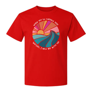 Christian T-Shirt, Deep Waters Faith Quote Wave and Sunset Design for Church