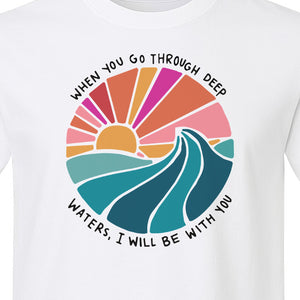 Christian T-Shirt, Deep Waters Faith Quote Wave and Sunset Design for Church