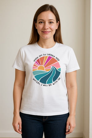 Christian T-Shirt, Deep Waters Faith Quote Wave and Sunset Design for Church