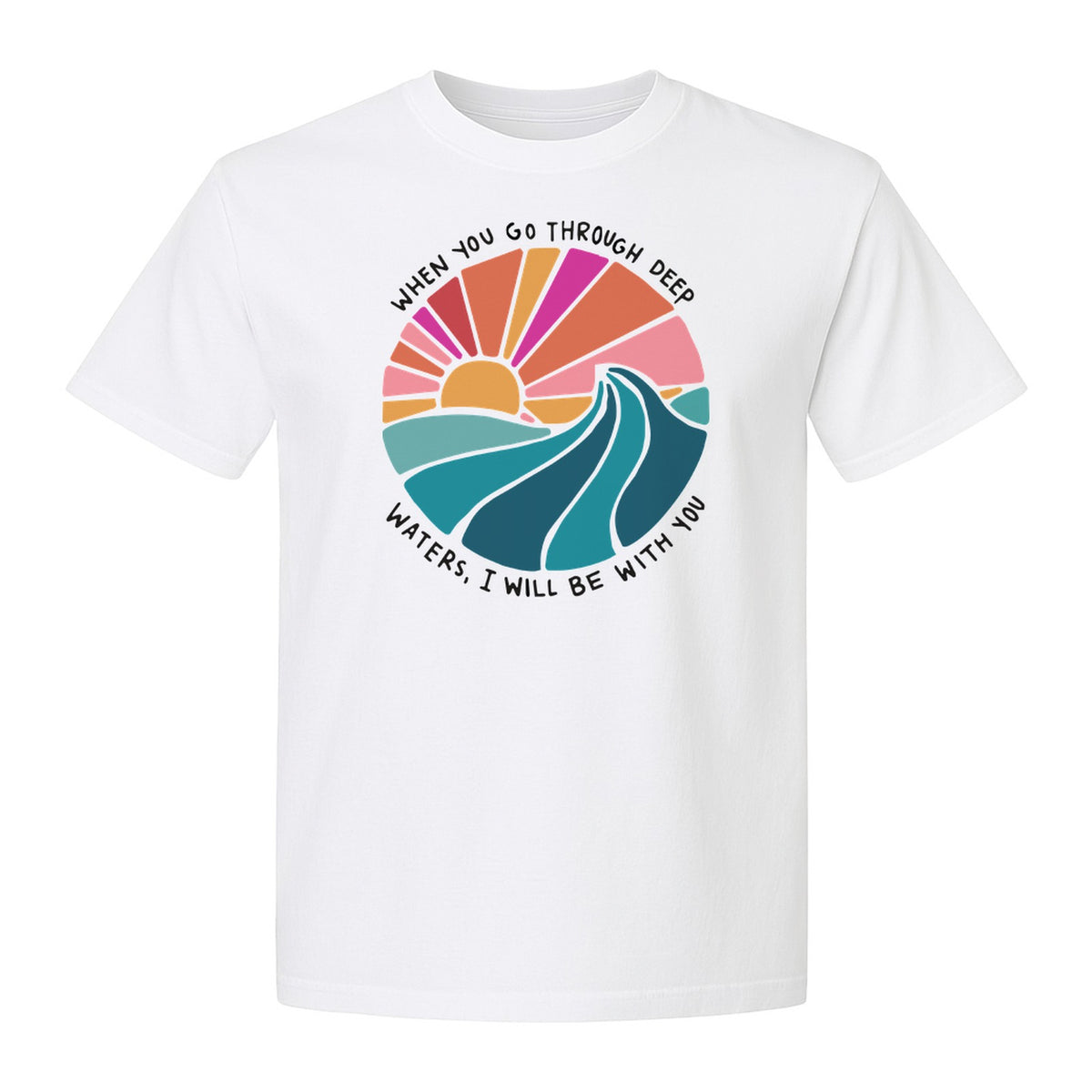 Christian T-Shirt, Deep Waters Faith Quote Wave and Sunset Design for Church