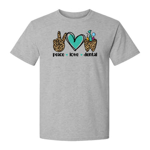 Peace Love Dental T-Shirt, Hand Heart Tooth Design for Dentists, Hygienists and Students