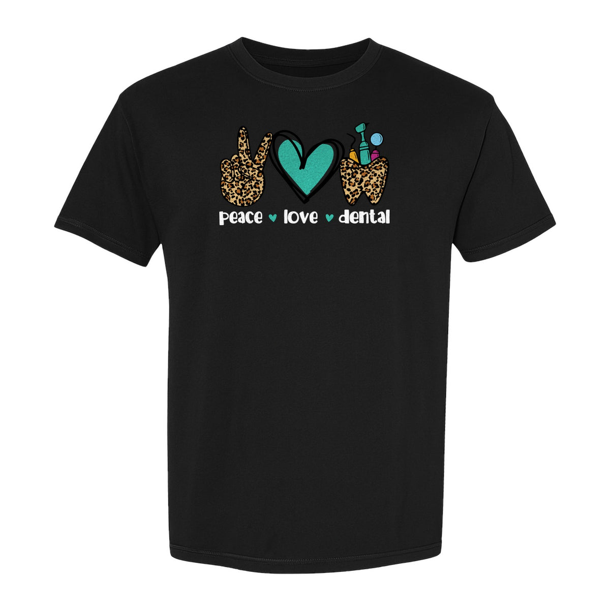 Peace Love Dental T-Shirt, Hand Heart Tooth Design for Dentists, Hygienists and Students