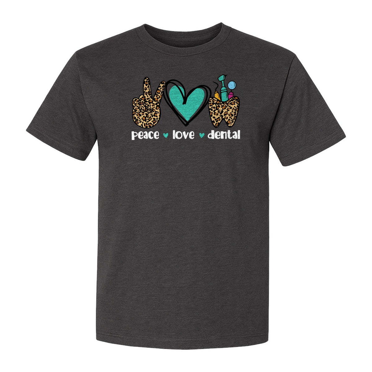 Peace Love Dental T-Shirt, Hand Heart Tooth Design for Dentists, Hygienists and Students