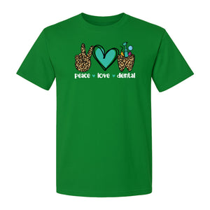 Peace Love Dental T-Shirt, Hand Heart Tooth Design for Dentists, Hygienists and Students