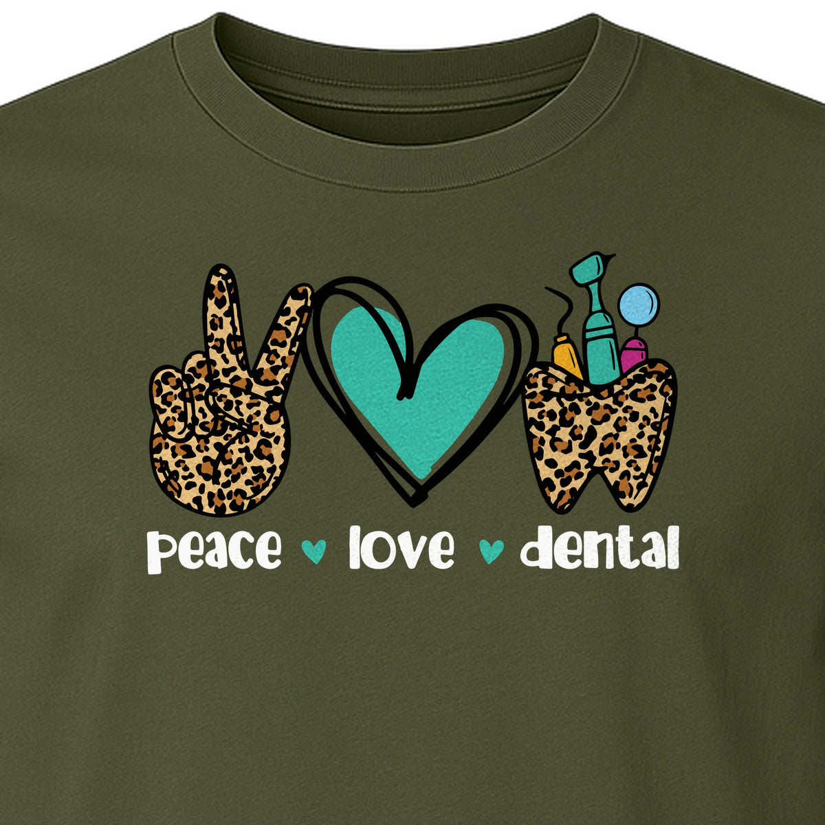 Peace Love Dental T-Shirt, Hand Heart Tooth Design for Dentists, Hygienists and Students